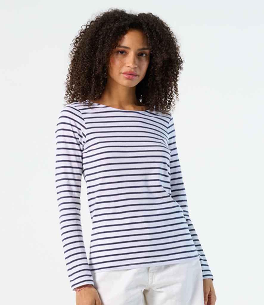 SOL'S Ladies Marine Long Sleeve Striped T-Shirt 01403 in White/Navy – model