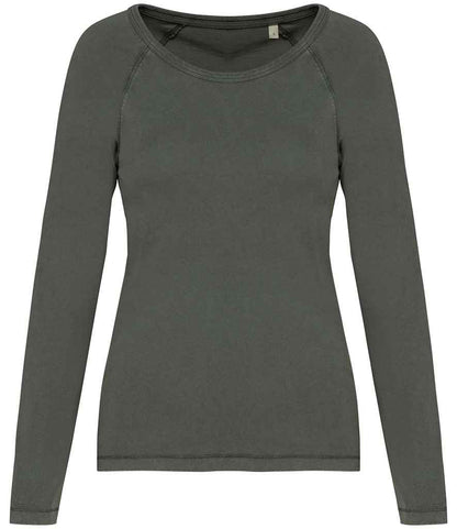 Native Spirit Ladies Raglan Long Sleeve Washed T-Shirt NS339 in Washed Organic Khaki – front