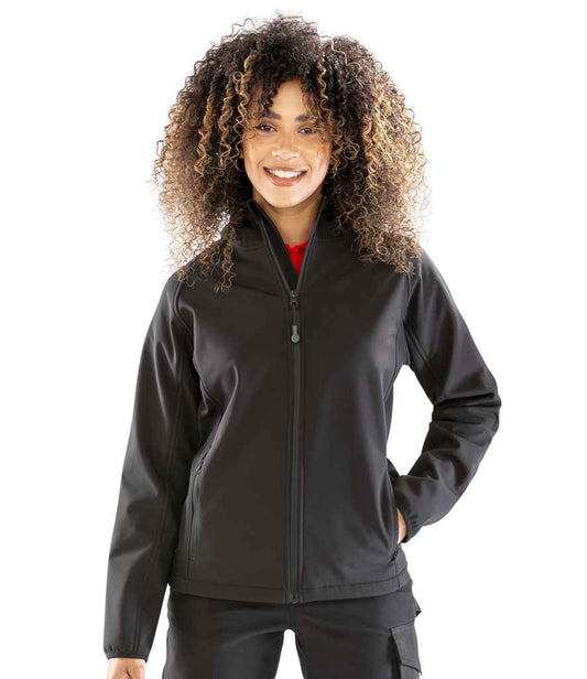 Result Recycled Ladies Three Layer Printable Hooded Soft Shell Jacket RS911F in Black – model