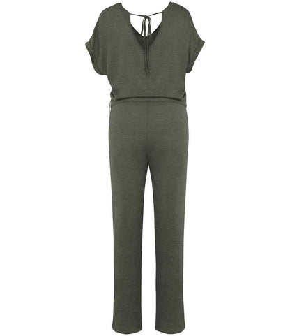 Spasso Ladies Short Sleeve Linen Knit Jumpsuit SP5004 in Organic Khaki – back