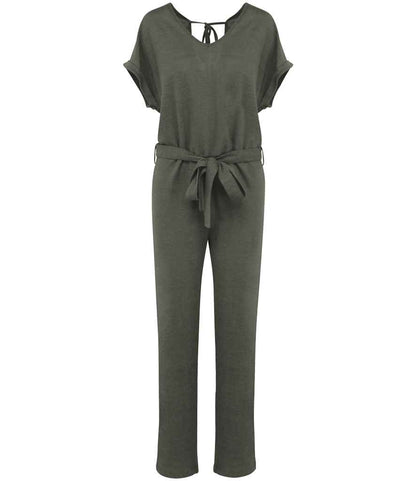 Spasso Ladies Short Sleeve Linen Knit Jumpsuit SP5004 in Organic Khaki – front