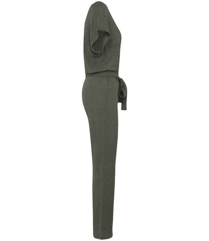 Spasso Ladies Short Sleeve Linen Knit Jumpsuit SP5004 in Organic Khaki – side